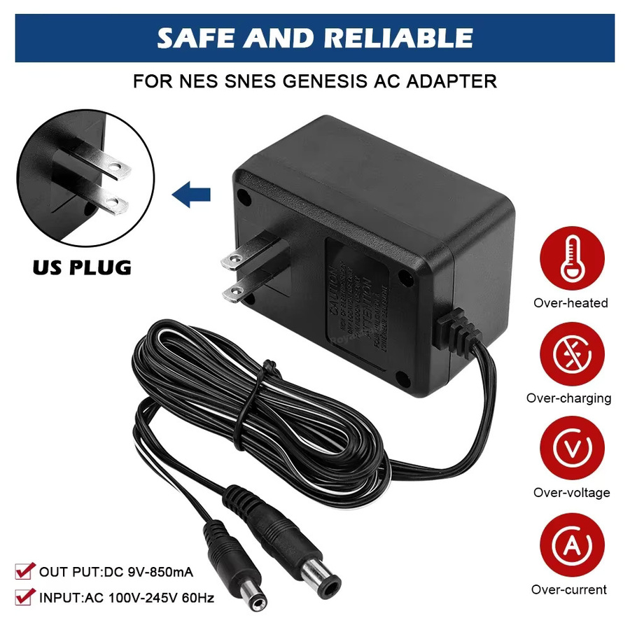 Hayoumon AC-Netzteil für NES, SNES und Sega Genesis Spielekonsolen, US-Stecker, Schwarz, Ausgang DC 9V 850mA - Bild 4