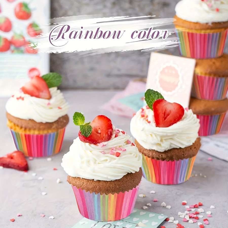 100 Stück Regenbogen-Cupcake-Förmchen aus lebensmittelechtem Papier, buntes Design für Muffins und Gebäck - Bild 3