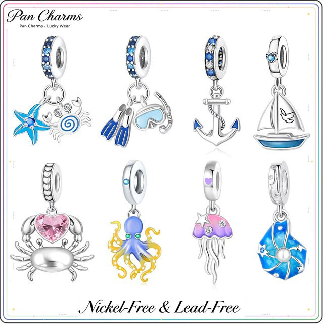 Pan Charms Anhänger Oktopus, Krabbe, Qualle, Seestern, Muschel, Anker, Silber, Unisex - Bild 1