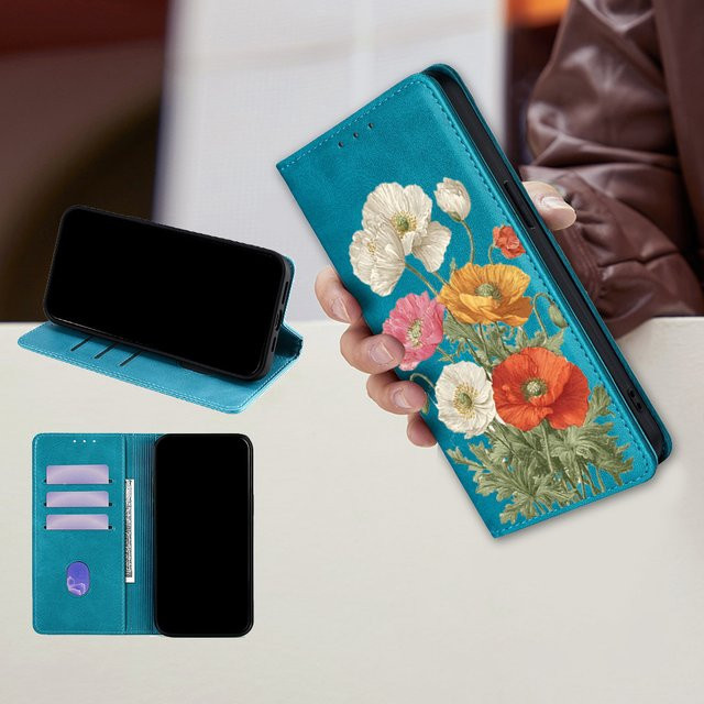 Xiaomi Poco C85 C75 C71 C61 C65 C51 C50 Magnetklapphülle in Brieftaschen-Optik mit Blumenmuster aus Leder, Mehrfarbig/Rot - Bild 1
