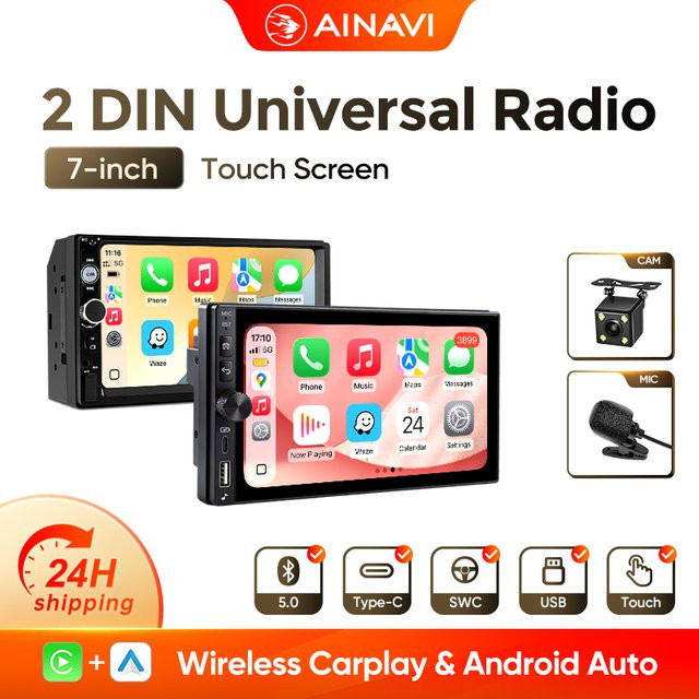 AINAVI 7 Zoll 2 DIN Universal Auto Radio mit Touchscreen, kabelloses Carplay und Android Auto, Bluetooth 5.0, Linux Multimedia System, Schwarz - Bild 1
