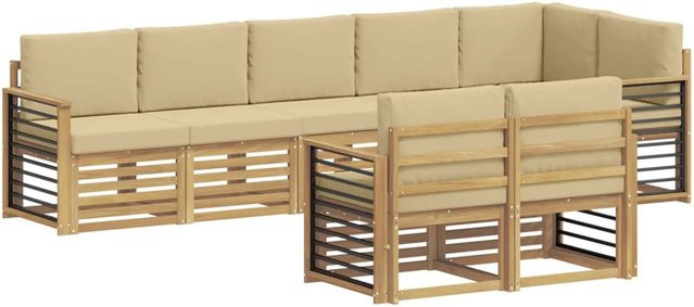 vidaXL Outdoor-Sofagarnitur 8-teilig in L-Form aus Akazienholz mit Polstern in Weiß und Beige, B/T/H: 306 x 128,5 x 73 cm - Bild 1