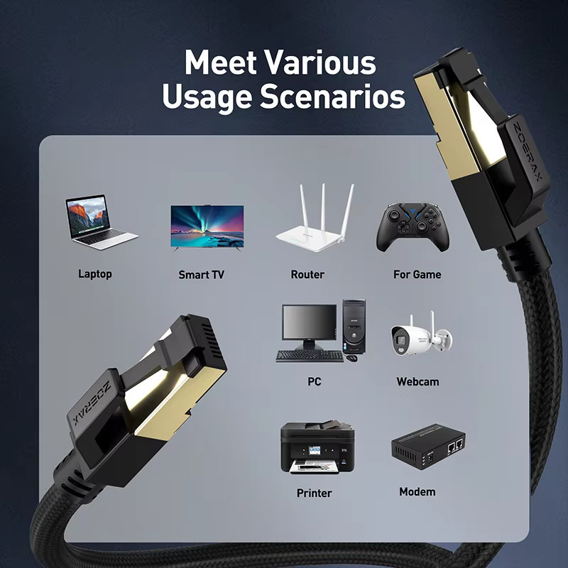 ZoeRax Cat 8 Ethernet LAN Kabel mit RJ45 Stecker, flach und nylon geflochten, Farbe: Schwarz - Bild 3