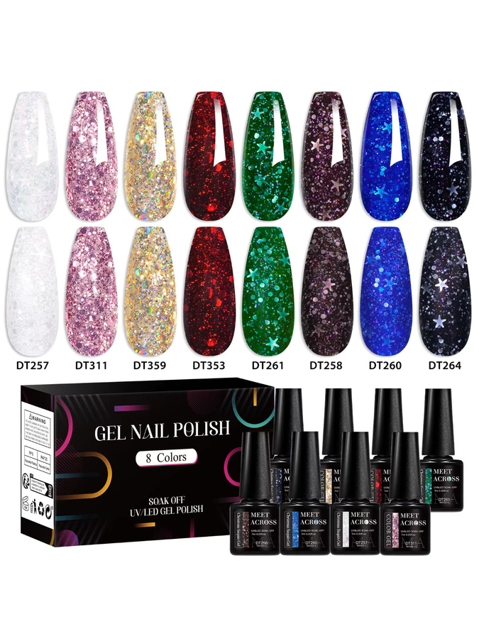 MEET ACROSS Gel Nagellack Set, Schneeflocken Glitter Pailletten, 6/8 Stück - Bild 6