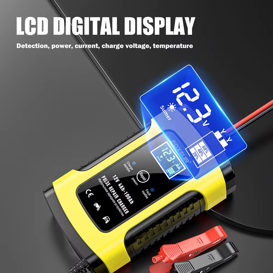FOXSUR Smart Autobatterieladegerät 12V 5A mit LCD-Display und Pulse Repair Funktion für AGM GEL EFB Bleisäure Batterien in Rot-Gelb - Bild 3