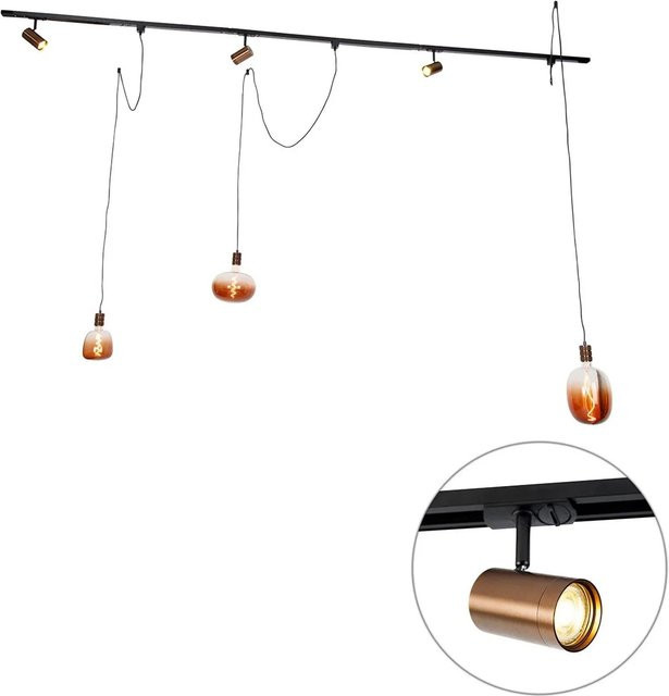 QAZQA 1-Phasen Schienensystem mit 3 LED-Strahlern und Hängelampen in Dunkelbronze, dimmbar, warmweiß - Bild 1