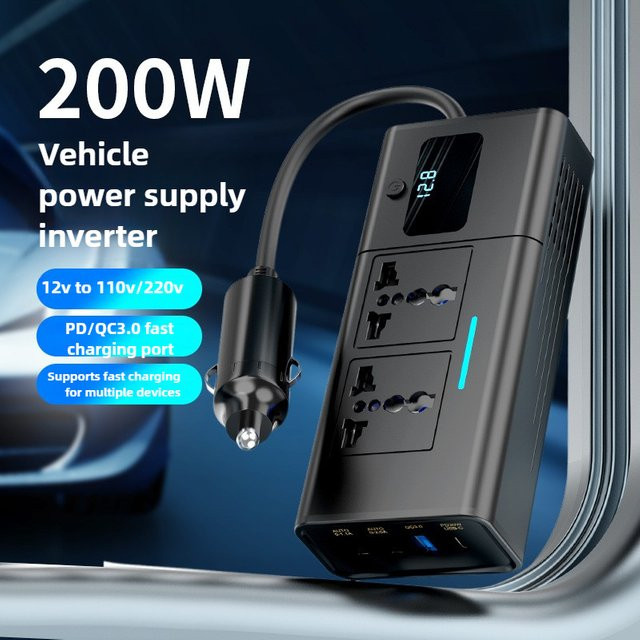 Auto Inverter DC12V zu AC220V 200W mit PD, QC3.0 und 2 USB Ports, Schnellladegerät für das Auto in Schwarz - Bild 1