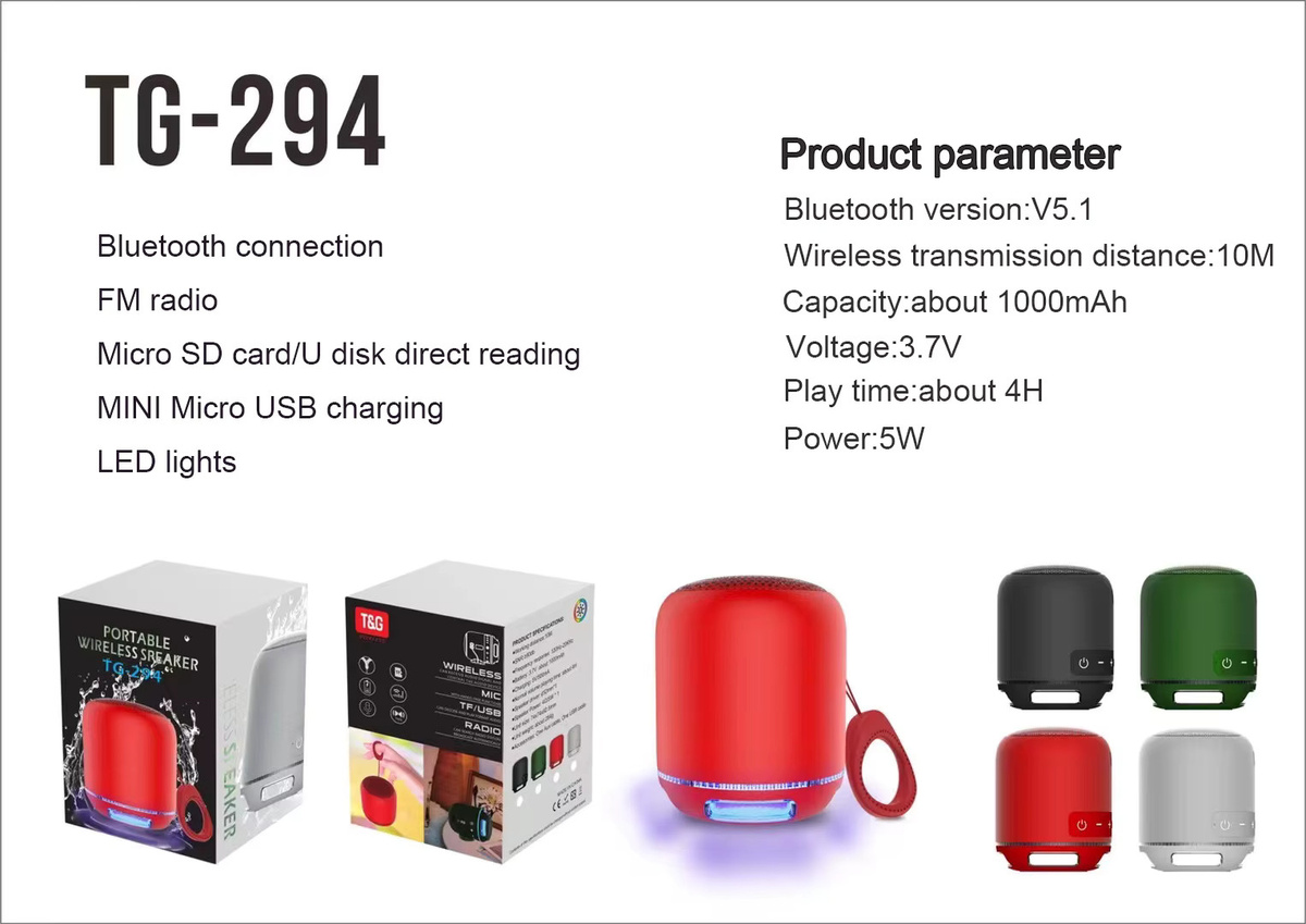 T&G Mini Bluetooth Lautsprecher TG294 mit LED Licht, Wireless Bass Box, FM Radio und TF Kartenslot in Rot - Bild 5