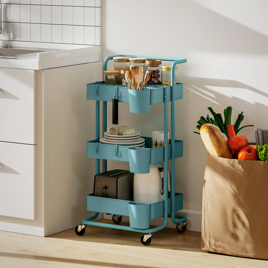 Aosom HOMCOM Rollwagen mit 3 Ebenen und 3 herausnehmbaren Körben in Graublau, B/T/H: 42 x 38 x 86,5 cm - Bild 2