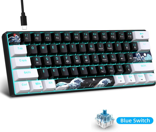 HXSJ Mechanische Gaming-Tastatur 60 % Mini 61-Tasten mit blauen Schaltern und Anti-Ghosting - Bild 1