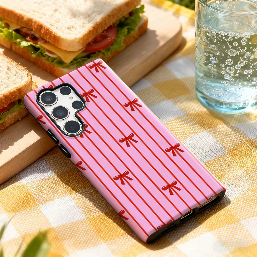 Glänzende Doppelschichtige Handyhülle mit Rosa und Rotem Schleifenmuster für Samsung Galaxy S25 Ultra, S24 und S23 Ultra Plus - Bild 3