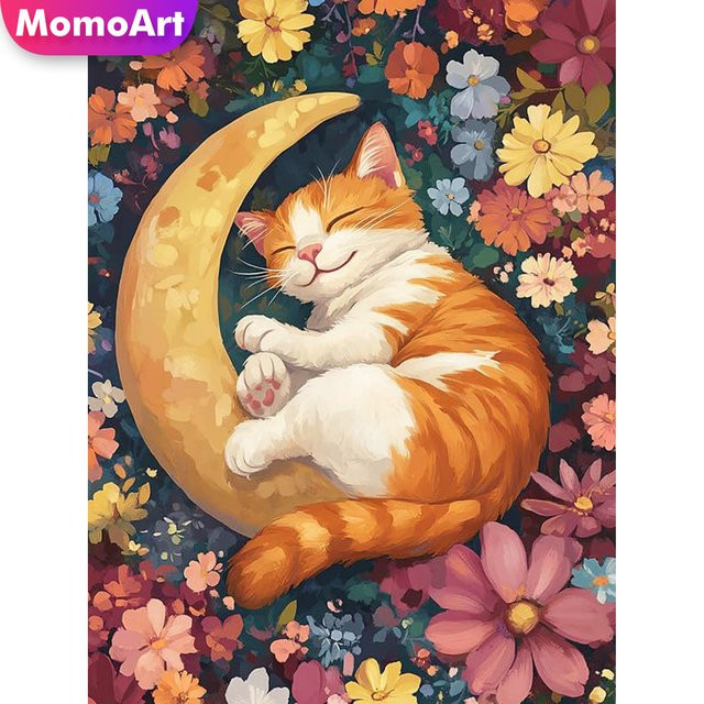 Momoart DIY Katzen-Diamant-Stickerei als Strass-Bild mit Blumen- und Mondmotiven in Multicolour, Breite: 30,0 cm, Höhe: 30,0 cm - Bild 1