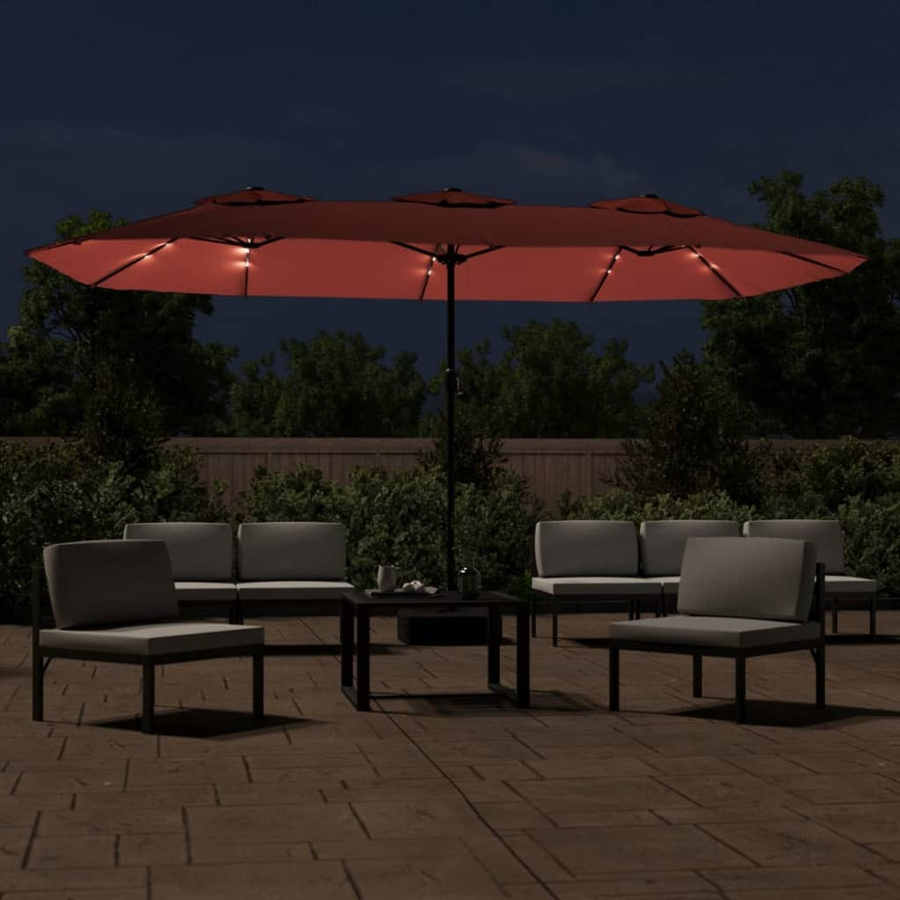 vidaXL Doppel-Sonnenschirm mit LED-Leuchten aus Polyester und Eisen in Terrakotta, B: 449 cm, H: 245 cm, T: 265 cm - Bild 3