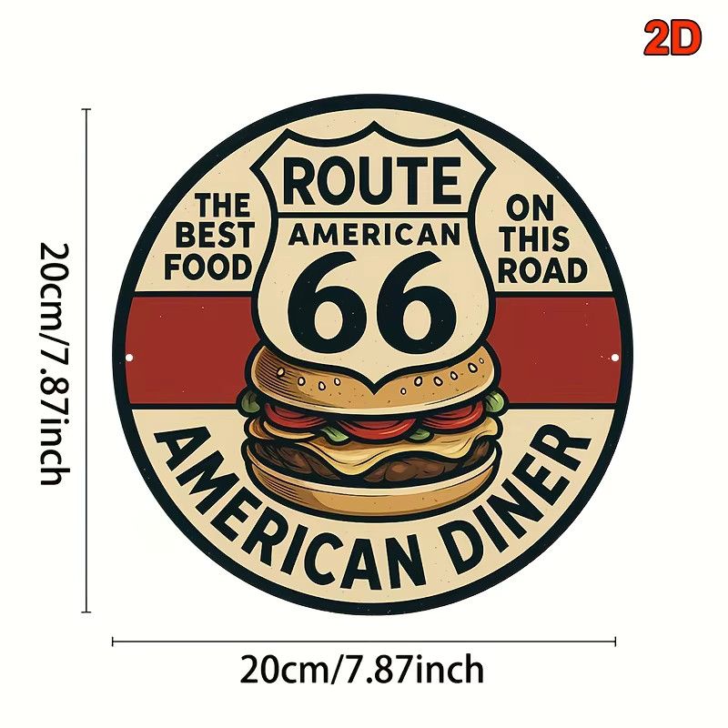 Potdemiel Vintage Route 66 Aluminiumschild mit Hamburger Design, rund, Durchmesser: 20,32 cm - Bild 2