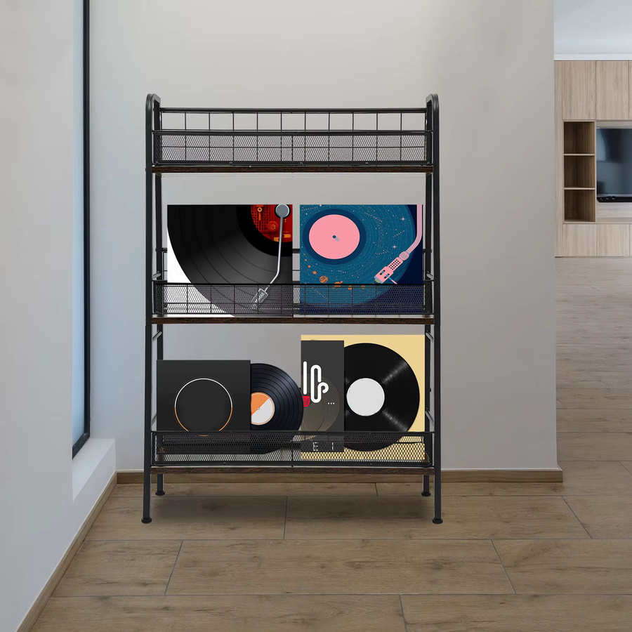 Bymaocar Schallplattenregal aus Metall in Schwarz, freistehendes Aufbewahrungsregal mit 3 Ebenen und Zeitschriftenhalter im Industrial-Design - Bild 5