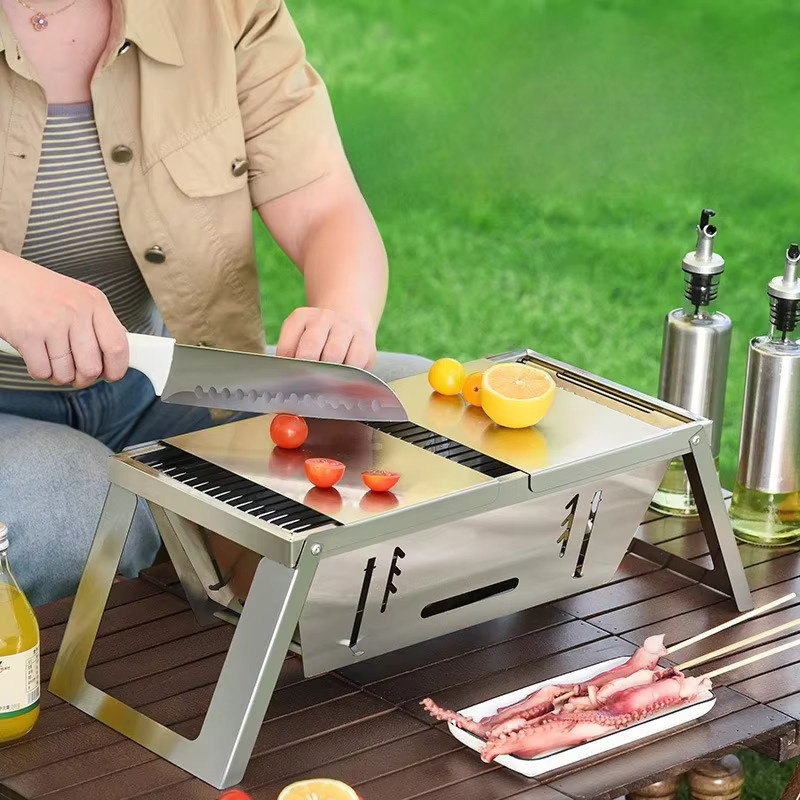 Tragbarer Edelstahl Holzkohlegrill in Silber, faltbarer Tischgrill für den Außenbereich, B/T/H: 42,0 x 21,5 x 17,0 cm - Bild 3