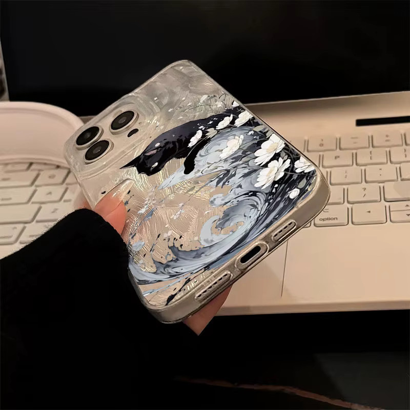 Schwarze iPhone Hülle mit Birnenblüten und silberner Feder-Seidenstruktur für Apple iPhone 17 bis 7 Modelle - Bild 5