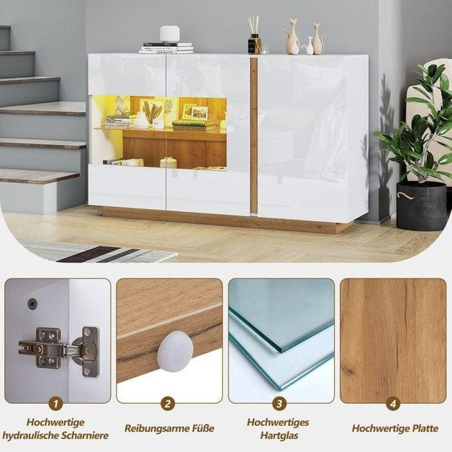 MUVOE Buffet-Kommode in Weiß mit integrierter Beleuchtung und Glas, moderne Flurkommode mit Holzsockel, B/T/H: 138 x 38,5 x 90,5 cm - Bild 1