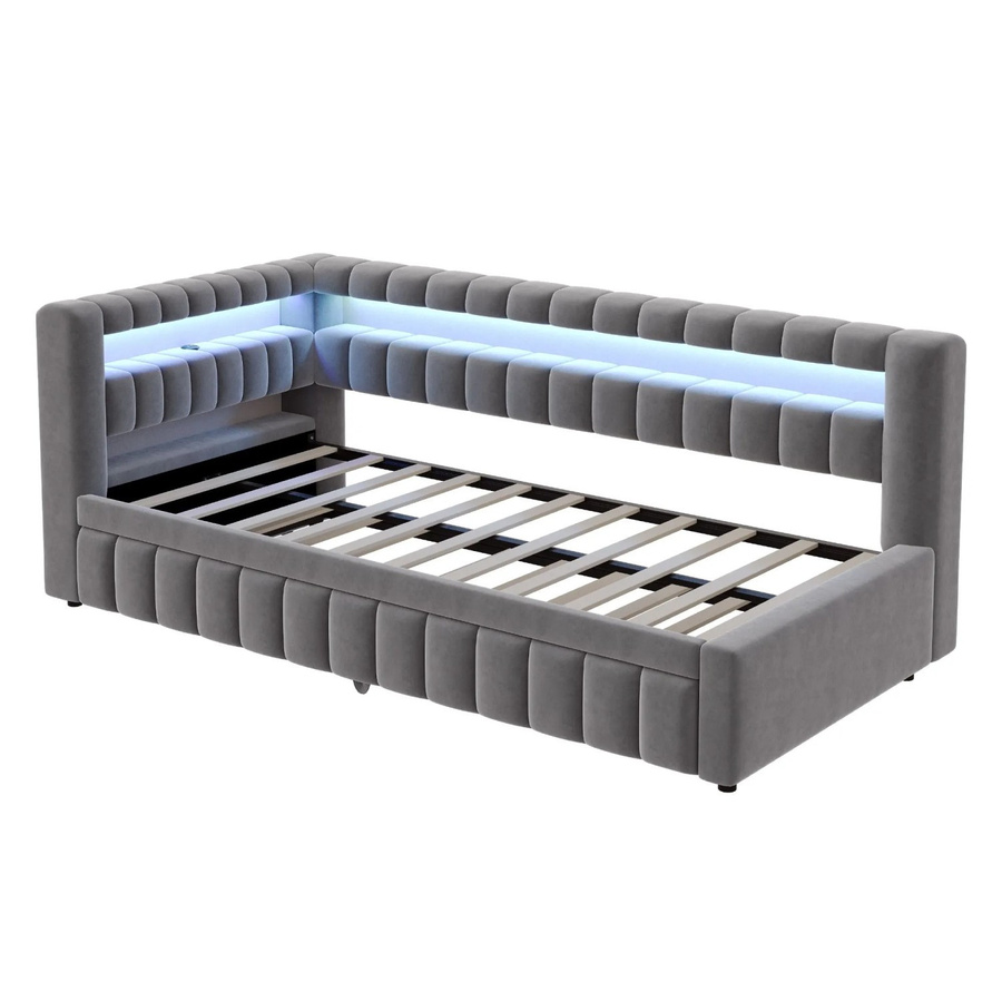 Merax Schlafsofa in L-Form mit LED-Beleuchtung und USB-Anschluss, Dunkelgrau, B/T/H: 90 x 200 cm - Bild 2