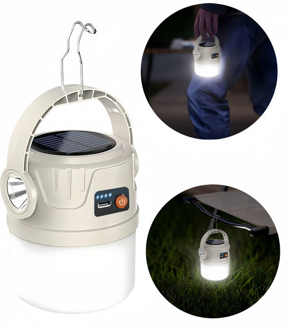 Tragbare Solar Camping Laterne mit Dual Power Display und Hängegriff, wasserdichte Outdoor Zelt Lampe in Weiß - Bild 1