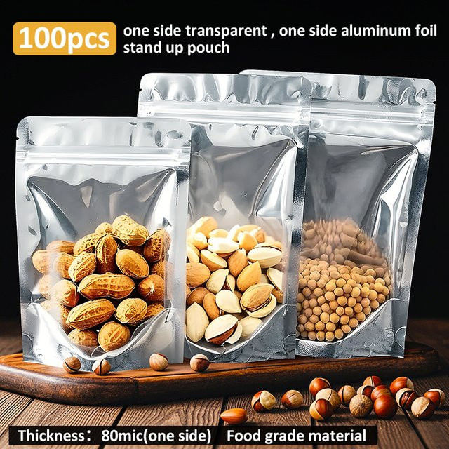 100 Stück transparente Aluminium-Standbeutel mit Reißverschluss in Silber zur Aufbewahrung von Lebensmitteln wie Nüssen und Snacks - Bild 1