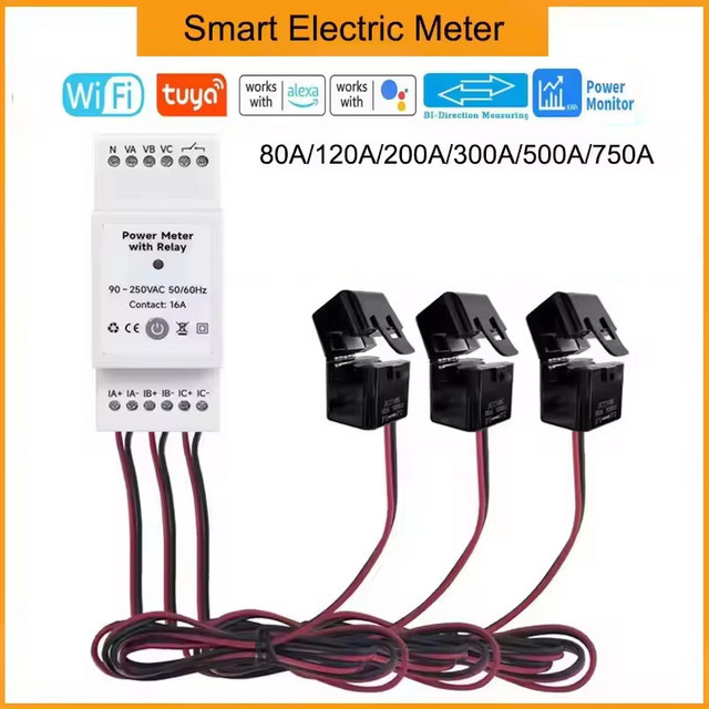Tuya WiFi 3-Phasen-Stromzähler mit 3CTs Relais, bidirektionaler KWH-Energie-Monitor, Farbe: Weiß - Bild 1