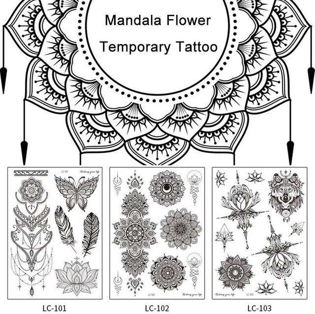 ZMfirstD Temporäre Tattoo Aufkleber Mandala Blume, Schwarz, Damen - Bild 1