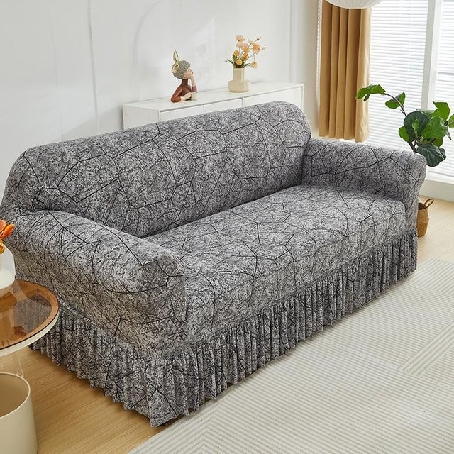 Waschbarer Stretch-Sofabezug mit floralem Rüschenrock-Design in Grau, Large - Bild 1