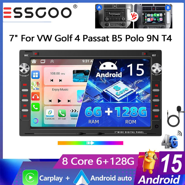 ESSGOO Android 15 Autoradio mit 7 Zoll Display, 8-Kern Prozessor, 6GB RAM und 128GB Speicher für VW Polo 9N, Golf 4, Passat B5 und T5, Schwarz, mit kabellosem Carplay, Android Auto, GPS, 4G, DSP, Bluetooth und WLAN - Bild 1