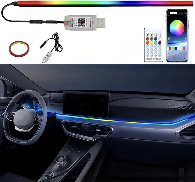 RGB LED Auto Innenbeleuchtung mit App- und Fernbedienung, USB Neon Flex Ambiente Licht Set für das Dashboard in Multicolour - Bild 1