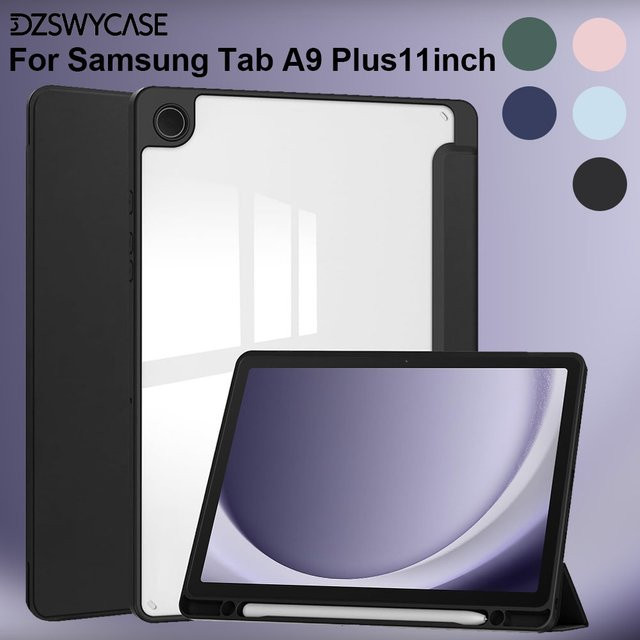 DZSWYCASE Schutzhülle für Samsung Galaxy Tab A9 und Tab A11 Plus 11 Zoll mit Stifthalter und dreifach faltbarer Standfunktion, transparente Rückseite, Farben: Pink, Schwarz oder Transparent - Bild 1