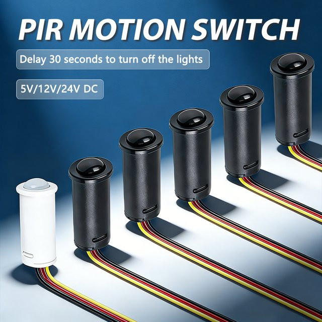Eingebauter PIR-Bewegungssensor-Schalter in Schwarz mit 5m Erfassungsreichweite und IP44 Schutzklasse für Treppen, Küche oder Flur (5V/12V/24V DC) - Bild 1