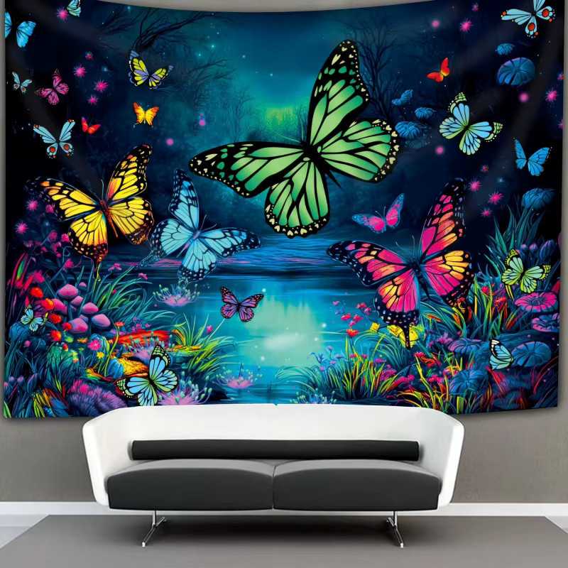 VIKAMA Wandteppich mit Schmetterling und Sternenhimmel im Pilzfeld, Mehrfarbig, B/H: 100 x 140 cm - Bild 3