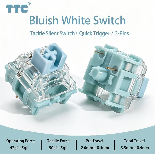 TTC Bluish White Silent Tactile MX Switches für mechanische Gaming-Tastaturen, Staubdicht, 3 Pins, RGB-kompatibel - Bild 1