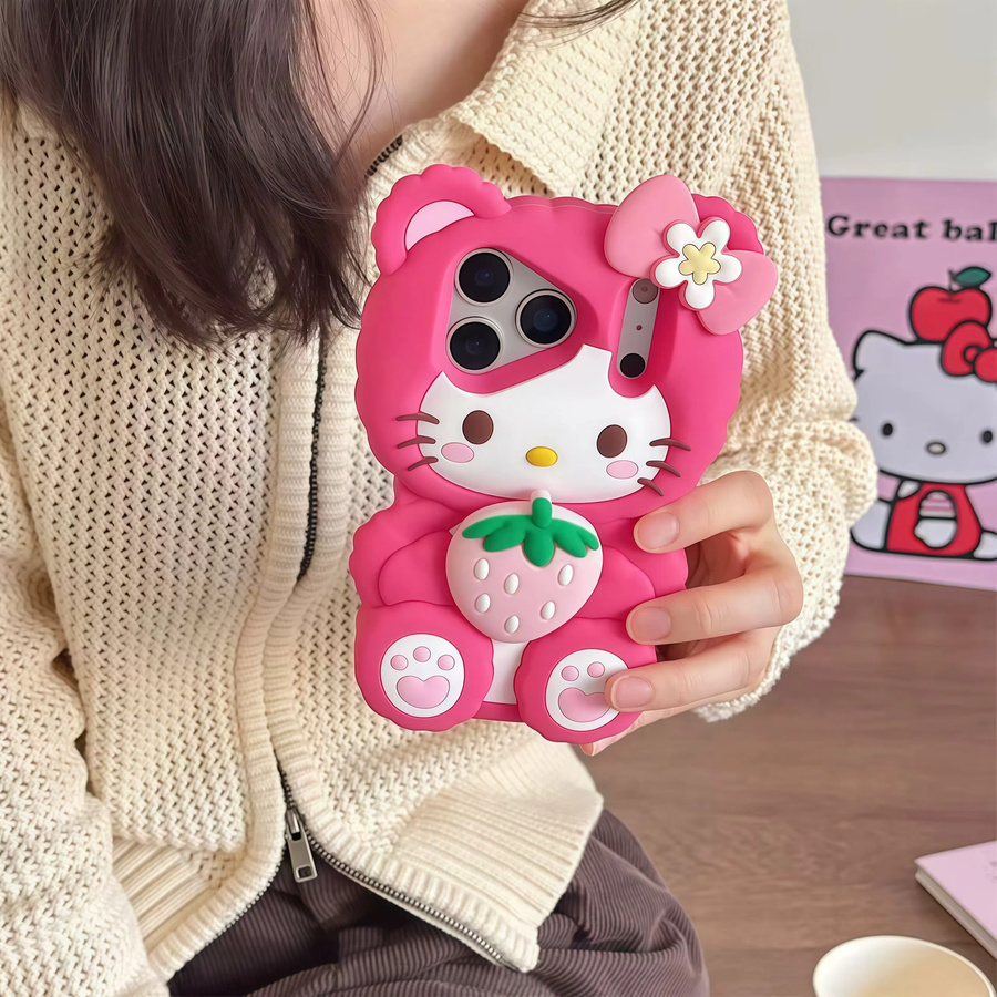 Hello Kitty Handyhülle mit Erdbeer-Design für Apple iPhone 12 bis 17 Pro Max Plus in Pink aus Silikon - Bild 2