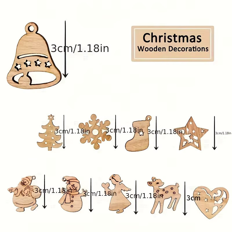 50 Stück DUTRIEUX Weihnachtsschmuck aus Holz in Braun mit Rentier, Glocke, Schneeflocke und Socken zum Aufhängen für deine festliche Dekoration - Bild 2