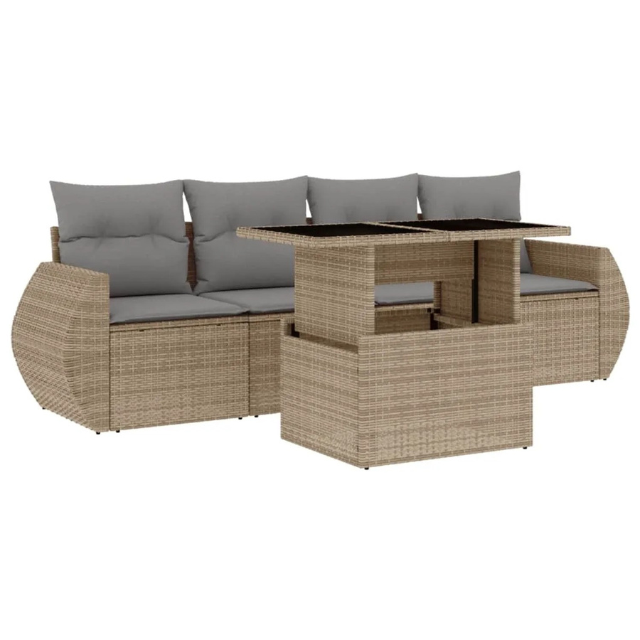 vidaXL 5-teilige Garten-Sofagarnitur aus Poly-Rattan in Beige mit Kissen und Gartentisch - Bild 2