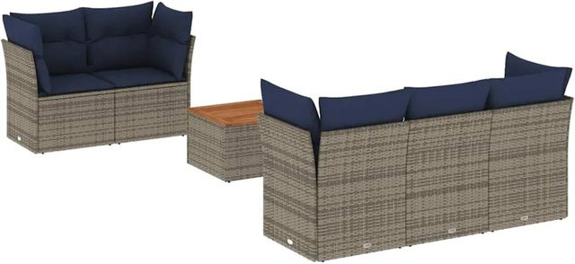 vidaXL 6-teilige Garten-Sofagarnitur aus Poly-Rattan und Akazienholz in Grau mit Kissen in Marineblau - Bild 1