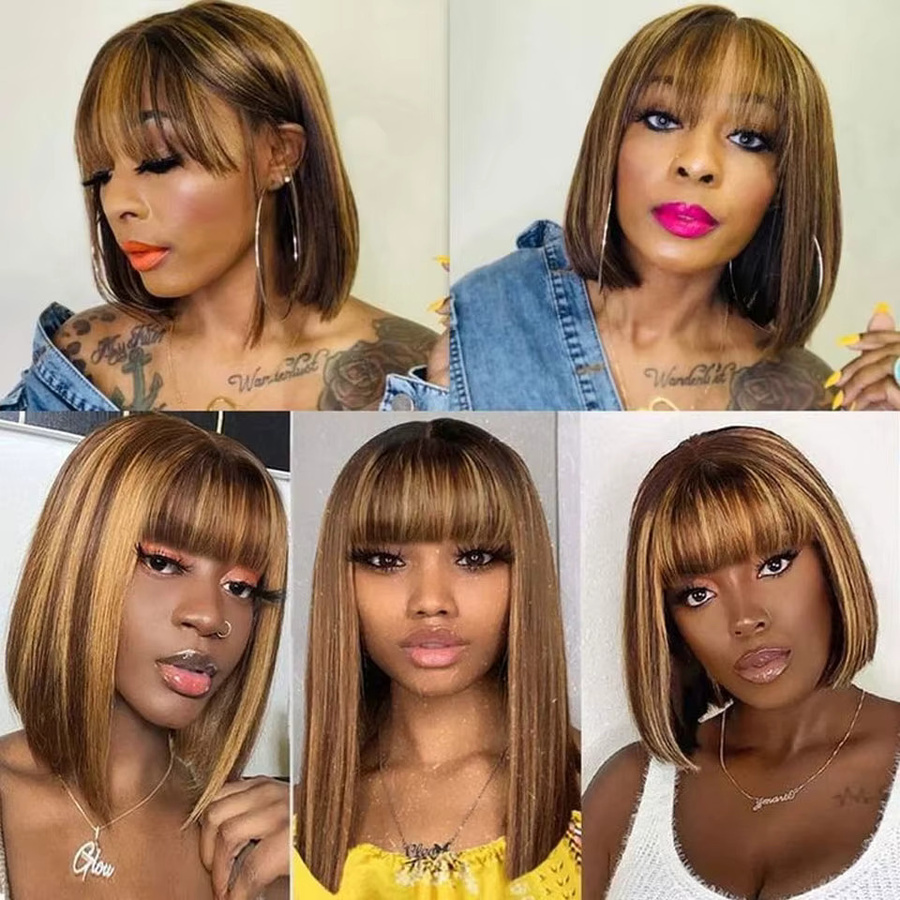 Lolely Dream Bob-Perücke mit Pony, Brasilianisches Echthaar, P4 30, Highlight-Blond, 180 Dichte, Damen - Bild 6