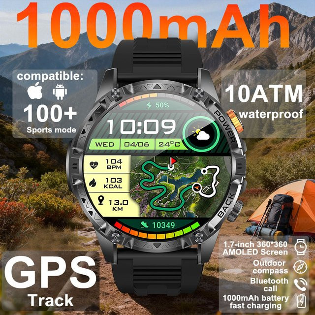 ChiBear GPS Smartwatch für Herren mit 1,7 Zoll HD-Bildschirm, Kompass, Bluetooth-Anruffunktion und 3ATM Wasserdichtigkeit in Orange - Bild 1