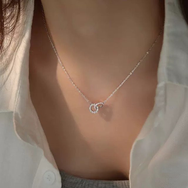 DANFEI Halskette 925 Silber, Zirkonia, Doppel Kreis Anhänger, Damen - Bild 1