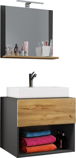 VCM Badmöbel Set Lendas II 3-tlg. in Eiche Honig Nachbildung und Anthrazit mit Unterschrank, Waschbecken und Spiegel, B/H/T: 80 x 107 x 52 cm - Bild 1