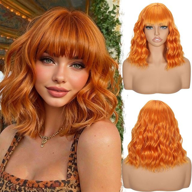 LORITA FEKIX Perücke, kurze gewellte Bob-Perücke für Damen, orange, 14 Zoll - Bild 1