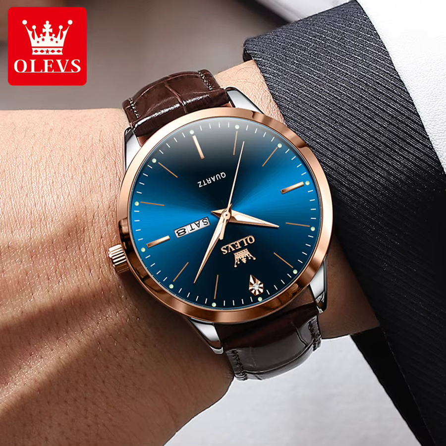 OLEVS Armbanduhr, Quarz, Edelstahl, Leder, Blau, Herren - Bild 3