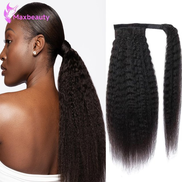 mayfive Kinky Straight Pferdeschwanz Echthaar, Wellenförmiger Yaki-Pferdeschwanz, Naturschwarz - Bild 1
