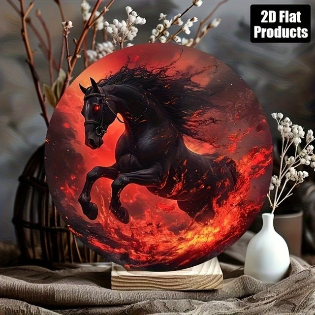 HELLOYOUNG Wandbild im Bohemian-Stil mit schwarzen galoppierenden Pferden und Flammen, rund, Durchmesser: 20 cm - Bild 1