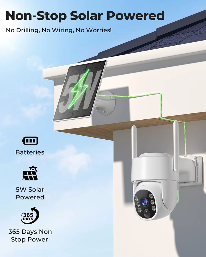 WESECUU Drahtlose Solar-Überwachungskamera Außen in 2K mit Dual-Band 5GHz/2.4GHz WiFi, Batteriebetrieben, 360° Schwenk/Neige, KI-Personenerkennung und Farb-Nachtsicht, Weiß - Bild 3