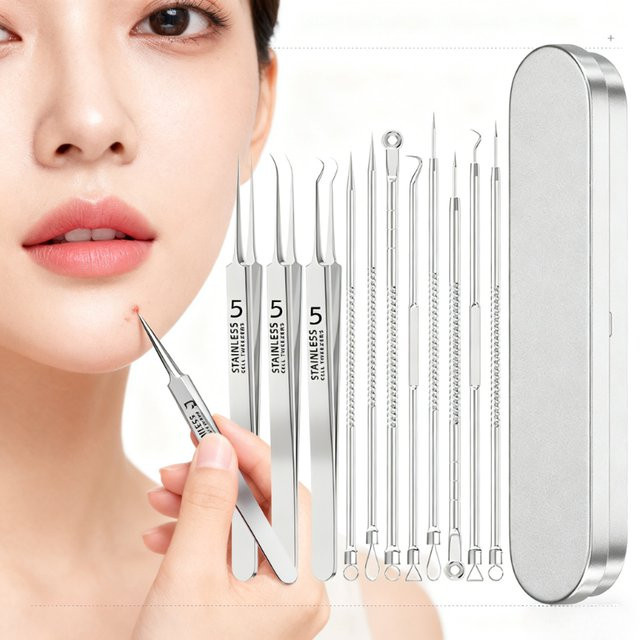 YJYIBEI Akne-Extraktions-Kit, 11-teiliges Edelstahl-Set, Unisex - Bild 1