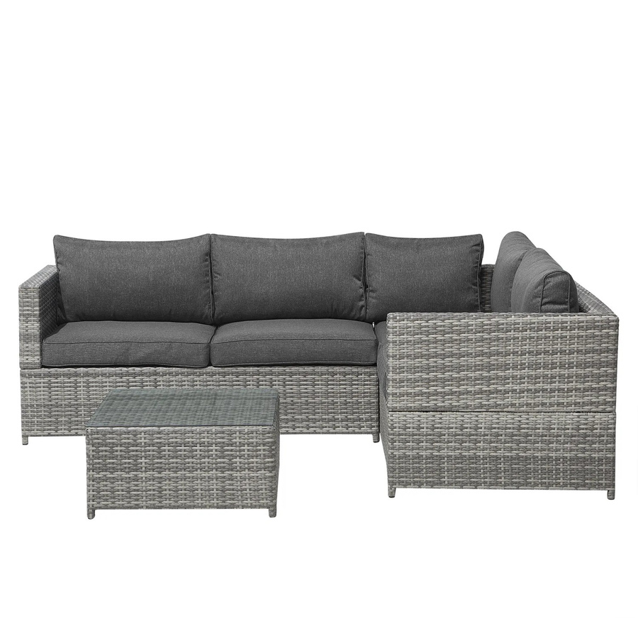 Beliani Lounge Set aus Polyrattan in Grau mit Eckelement, Outdoor-Couchtisch und Polsterkissen, B/T/H: 144 x 212 x 77 cm - Bild 2