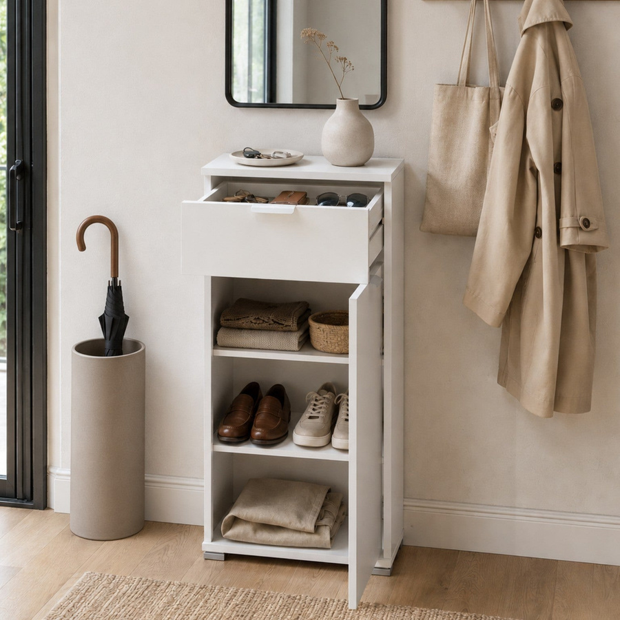 Der Weiße Stein Niedriger Schrank mit Tür und Schublade in Weiß, Mehrzweck-Aufbewahrungsmöbel für Badezimmer, Küche oder Waschraum, B/T/H: 45 x 38 x 103 cm - Bild 5
